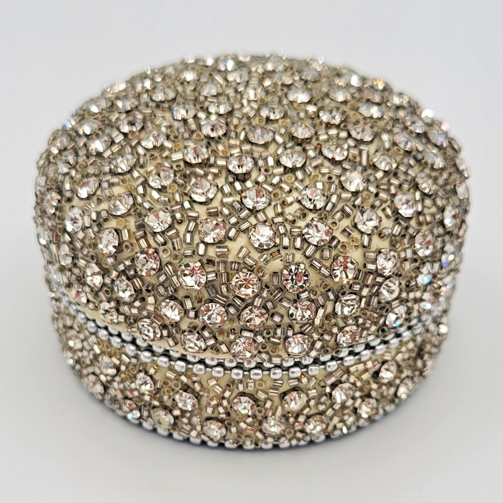Silver Tone Round Rhinestone Crystal Beaded Trinket Box with Lid